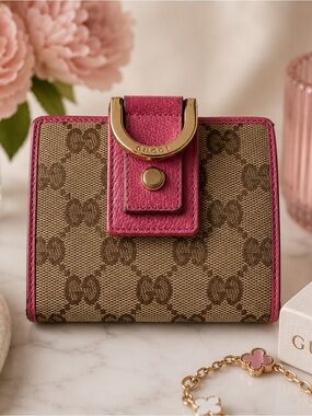 ✨🩷Gucci GG Canvas Compact Wallet Pink Leather Trim | Vintage Gucci Wallet🤎🩷